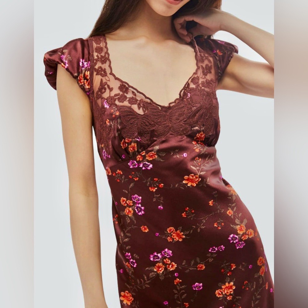 Free People Burgundy Floral Backless Satin Slip Dress - Picture 10 of 16